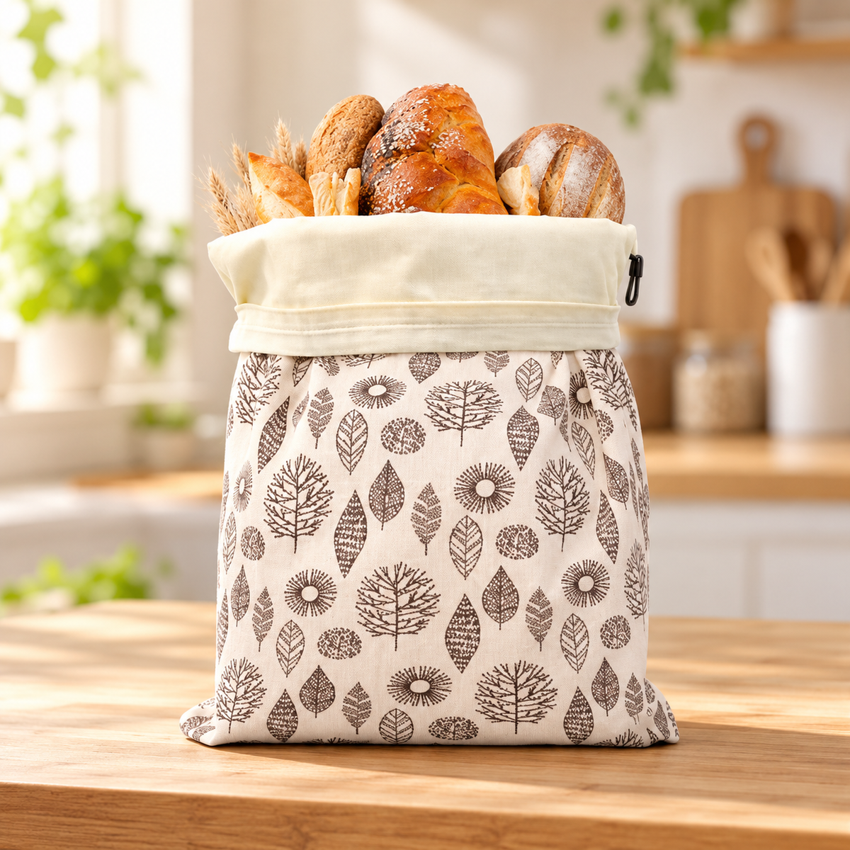 Botanical bread bag standing open with bread on a wooden counter