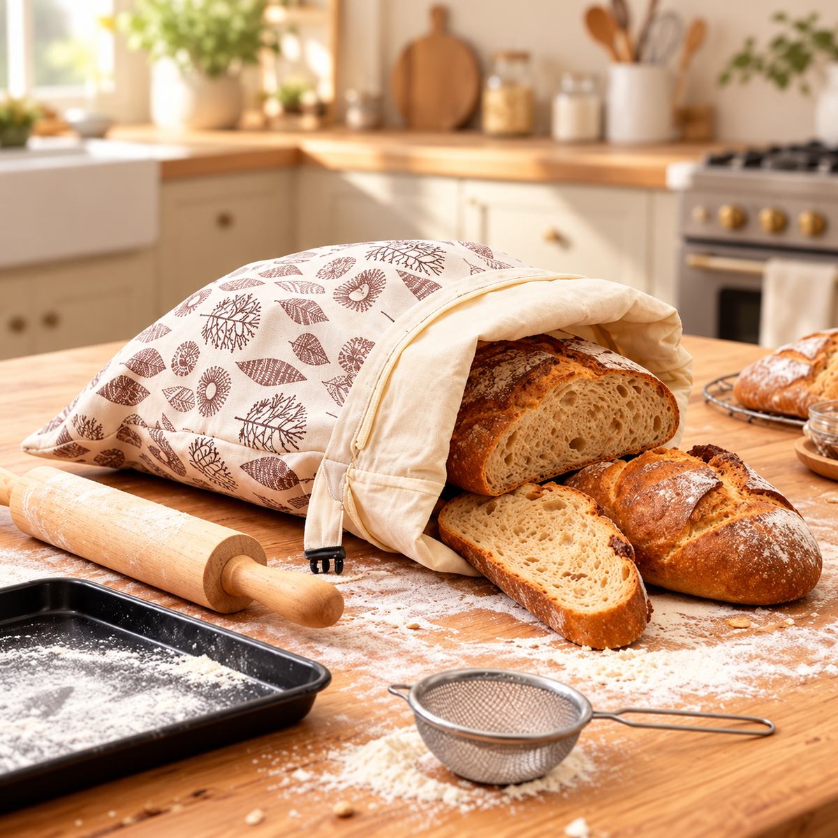 Botanical bread bag open beside sliced sourdough