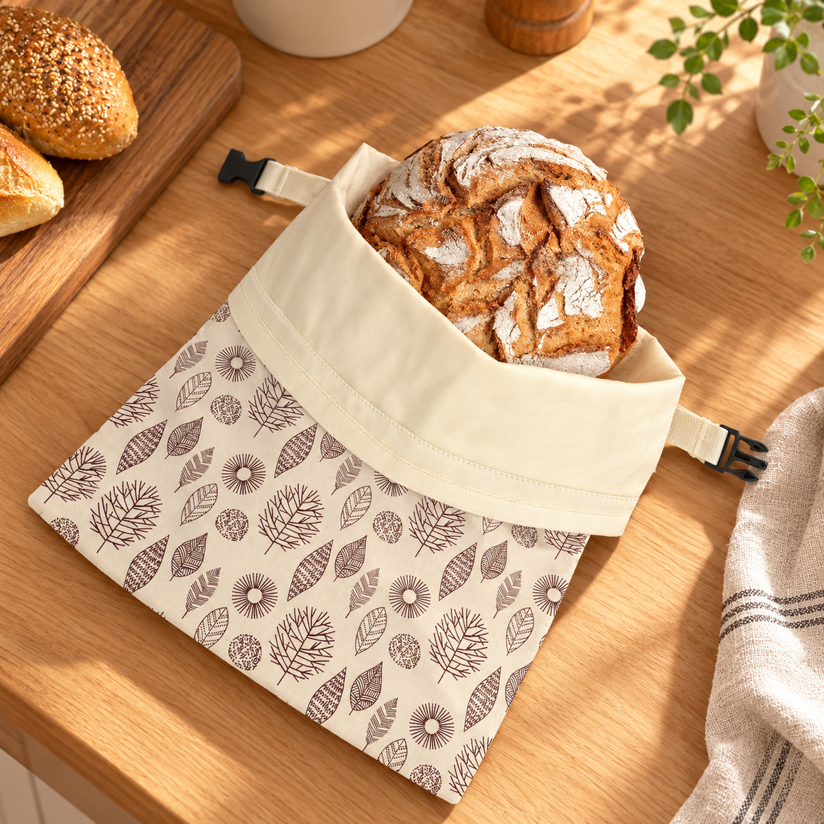Botanical bread bag holding sourdough on a wooden counter