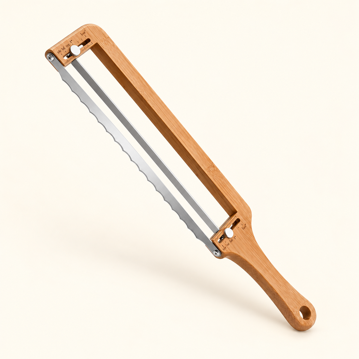 Wooden bread bow knife showing serrated blade and adjustable guide