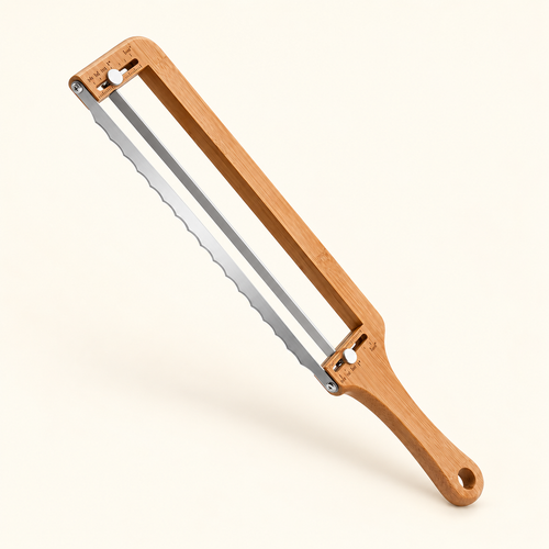 Wooden bread bow knife showing serrated blade and adjustable guide