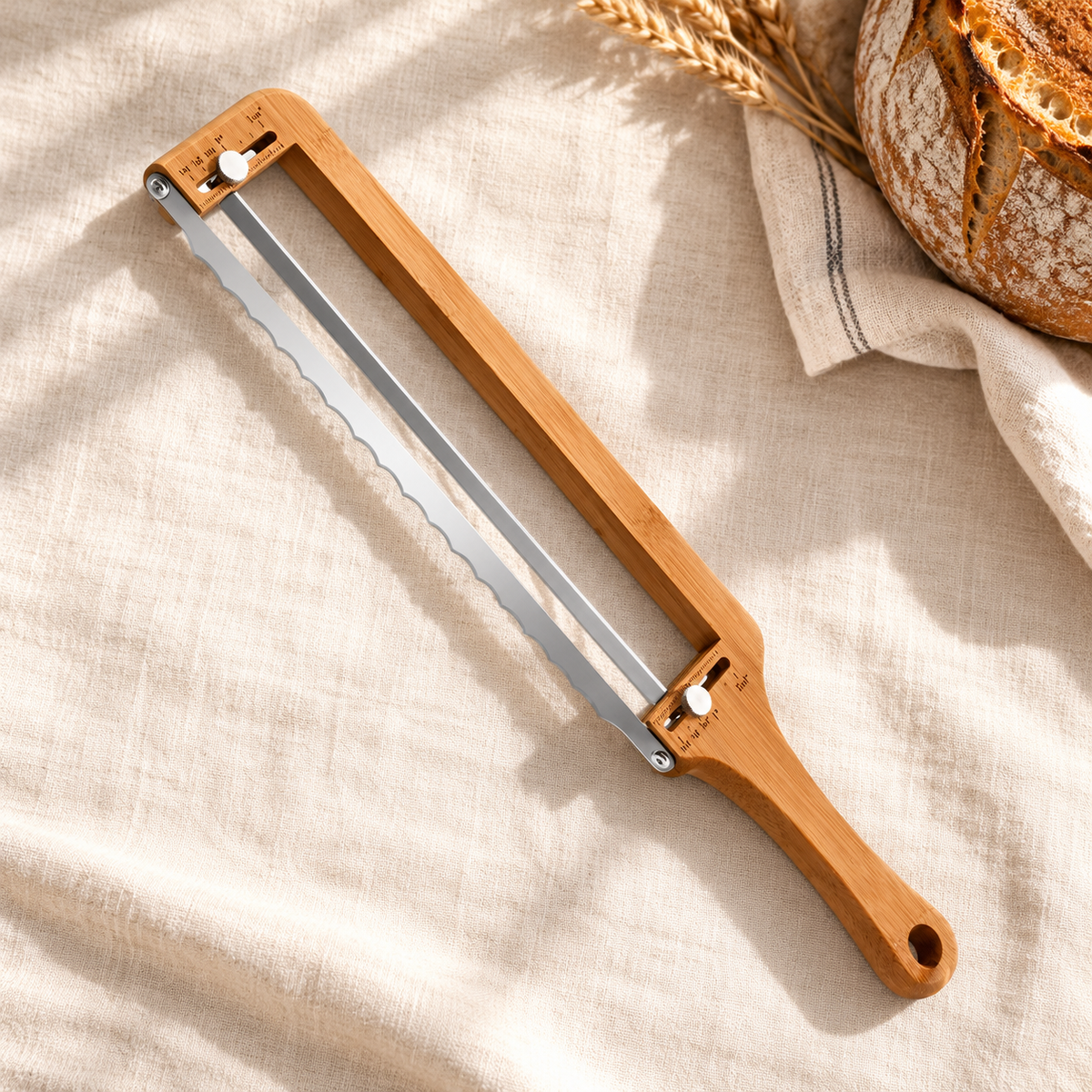 Wooden bread bow knife on cream linen beside a sourdough loaf