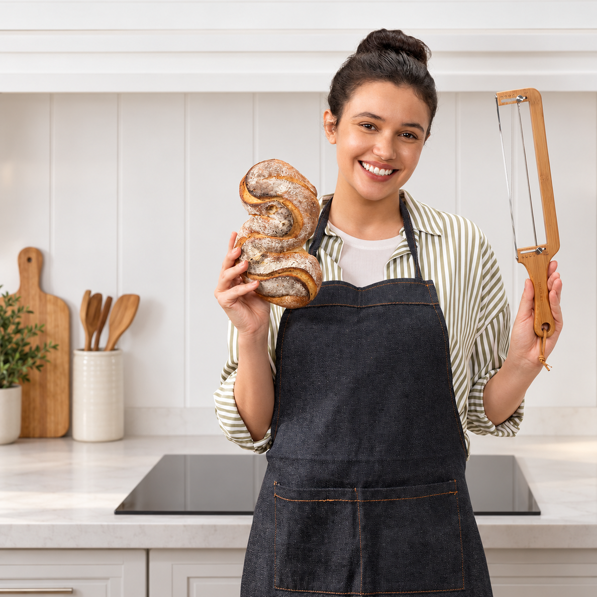 Lifestyle photo of a baker holding bread and the bread bow knife