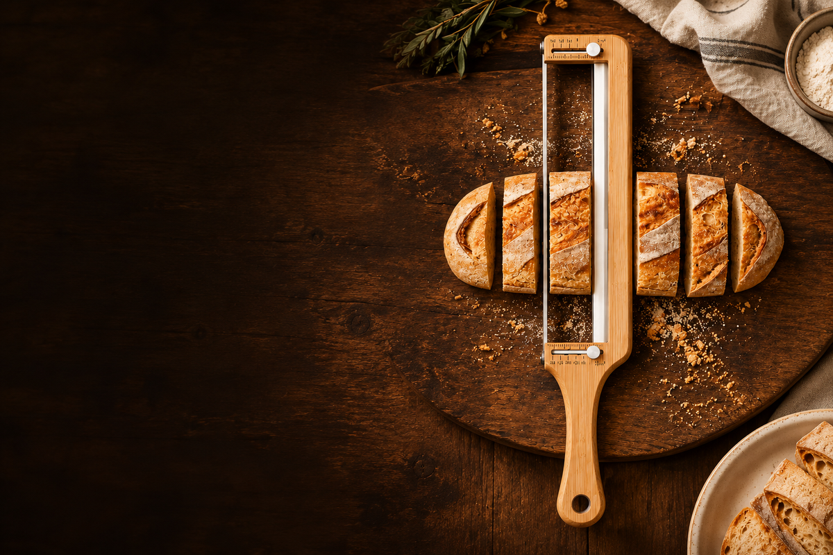 Wooden bread slicer with two adjustment knobs beside sliced sourdough on a dark wooden board