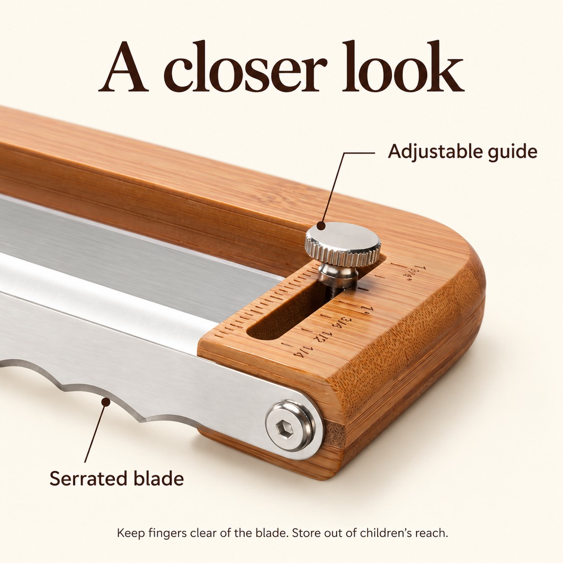 Close-up of the adjustment knob, guide and serrated blade