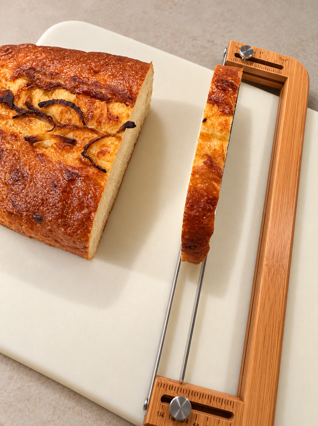 Bread loaf and cut slice beside the wooden bread bow knife