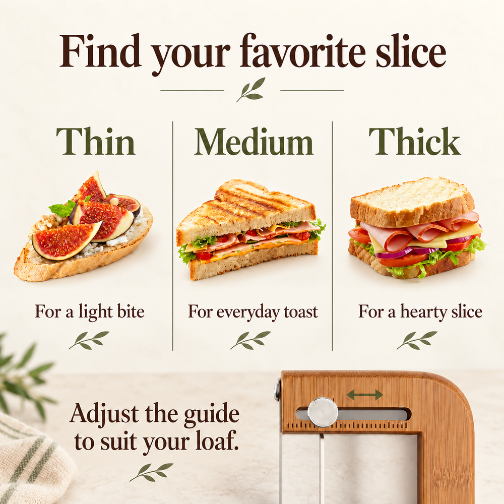 Thin, medium and thick slice ideas with an arrow showing guide adjustment