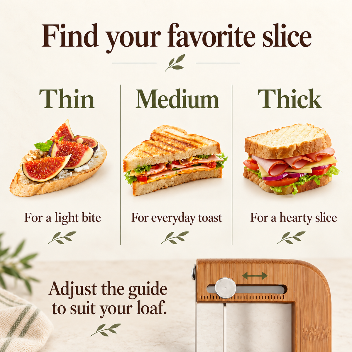 Thin, medium and thick slice ideas with an arrow showing guide adjustment