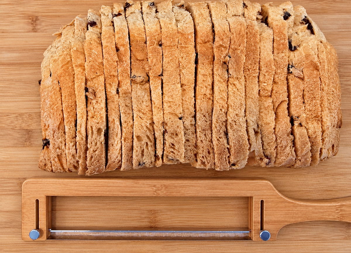 Sliced homemade bread beside the wooden bread bow knife