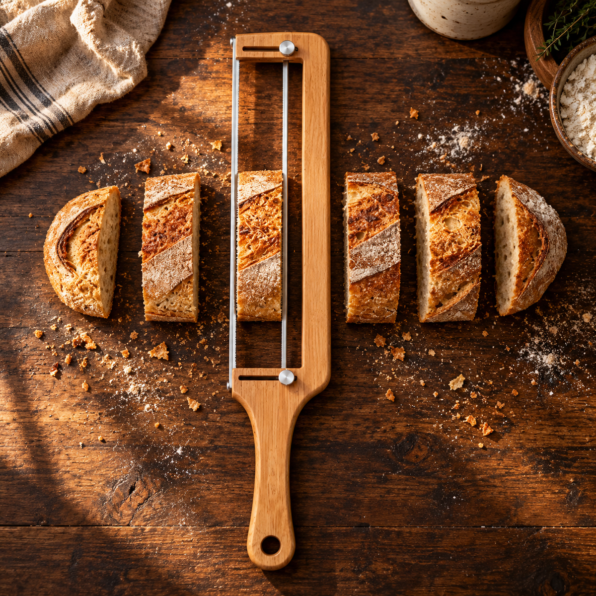The Artisan Bread Slicer with two adjustment knobs and sliced sourdough on a rustic kitchen worktop