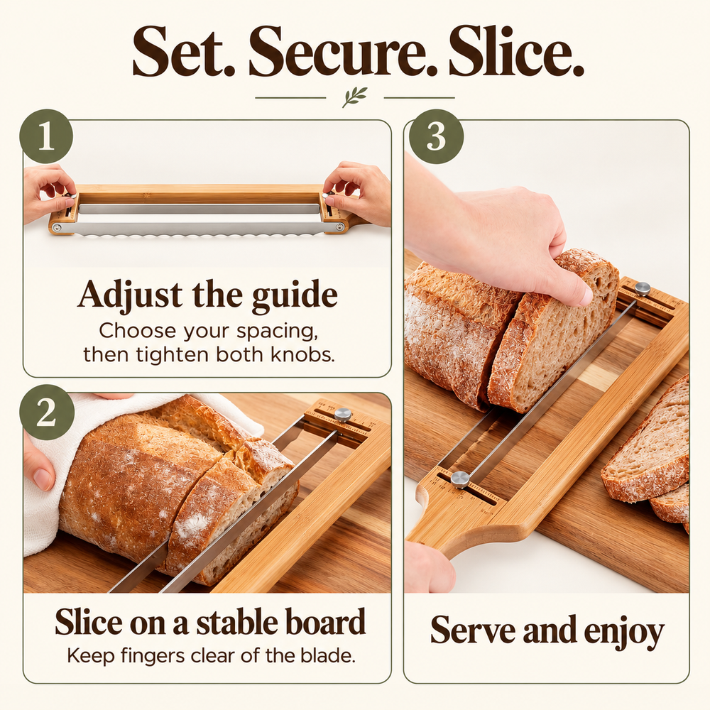 Adjust the guide, tighten both knobs, slice on a stable board and serve