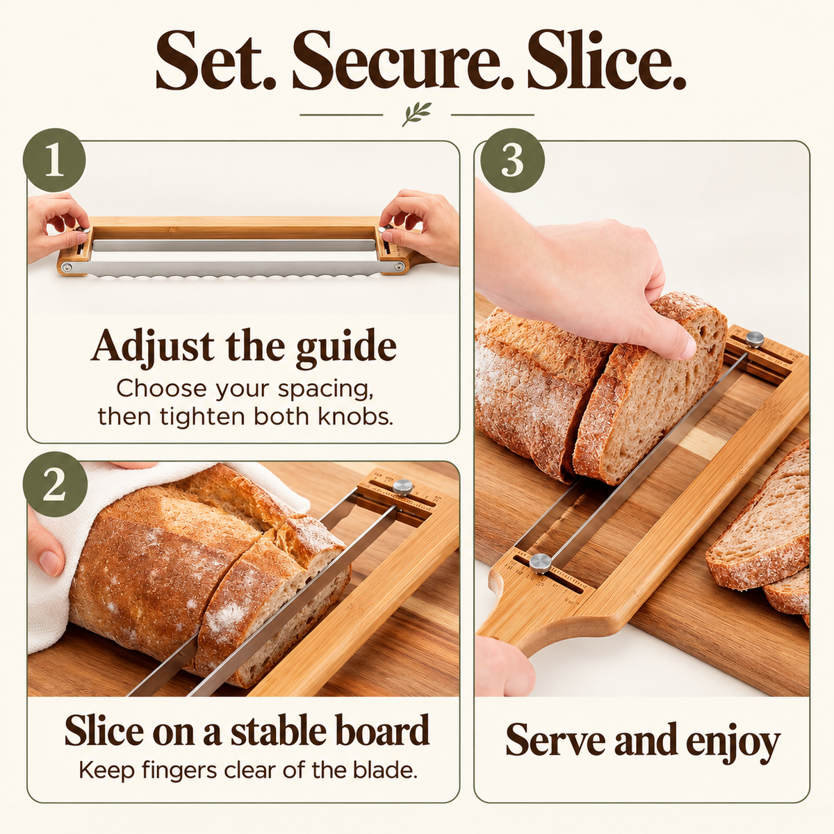 Adjust the guide, tighten both knobs, slice on a stable board and serve